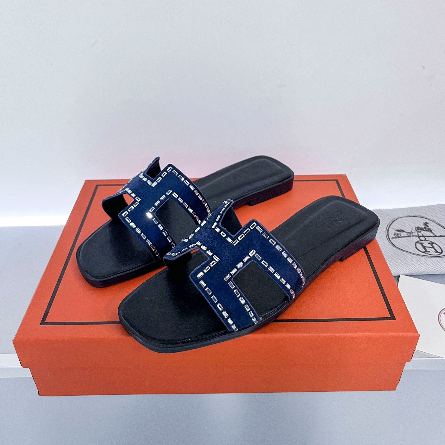 HM Oran Sandals Blue Suede with Crystals - Slides - Image 3