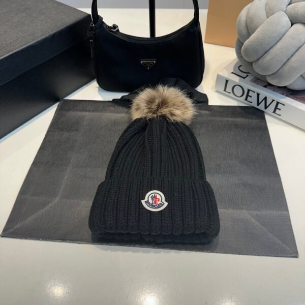 MCL Ribbed Knit Beanie with Fur Pom Black - Hat