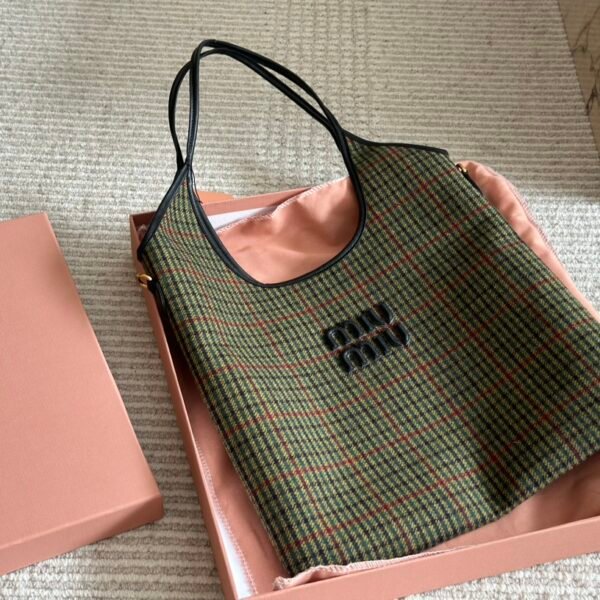 MIU Madras Plaid Tote Plaid Wool - Bag