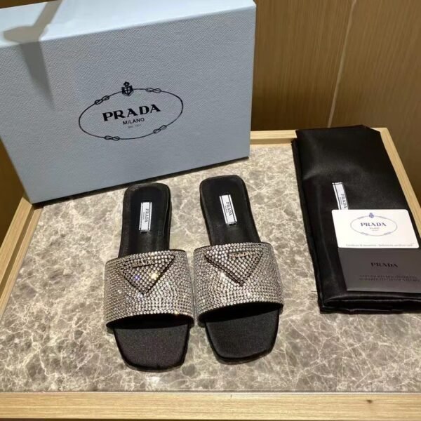 PR Crystal Embellished Square-Toe Slides Black - Slides