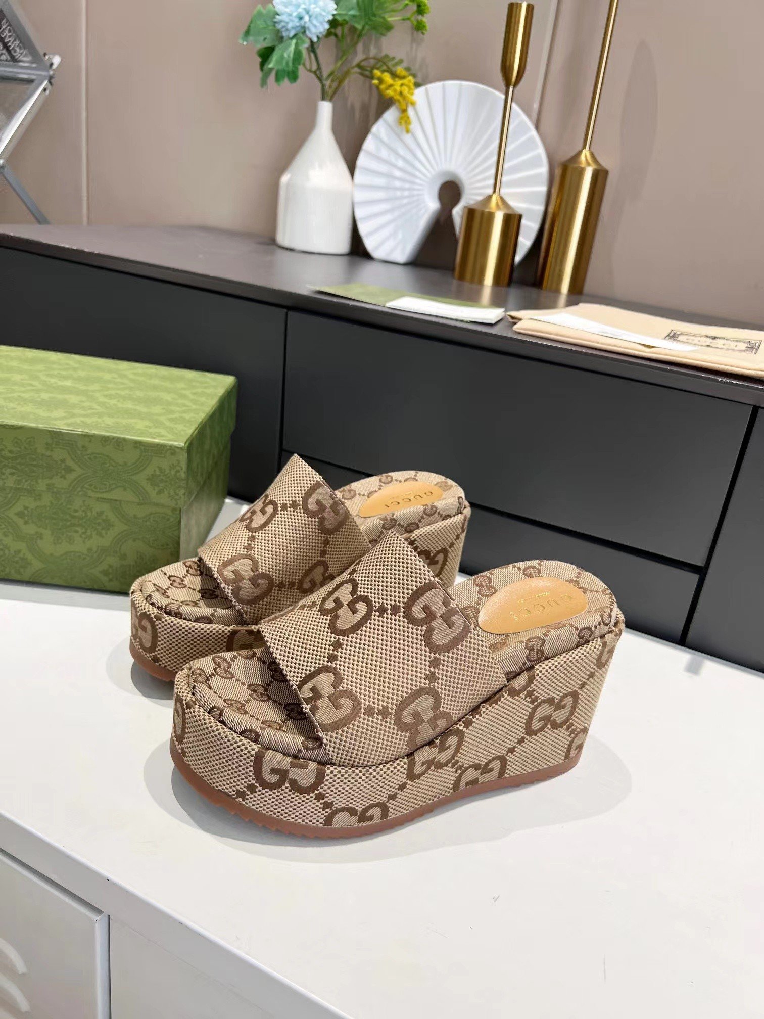 GG GG Platform Slide Sandals Beige GG Canvas - Sandals - Image 3