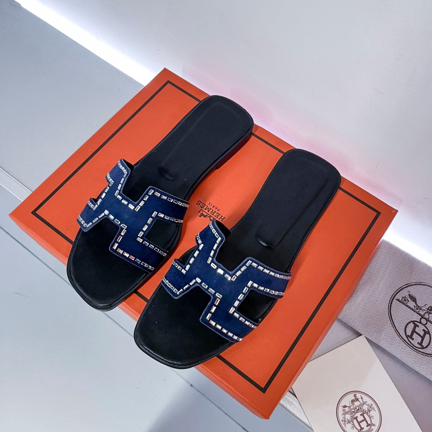 HM Oran Sandals Blue Suede with Crystals - Slides