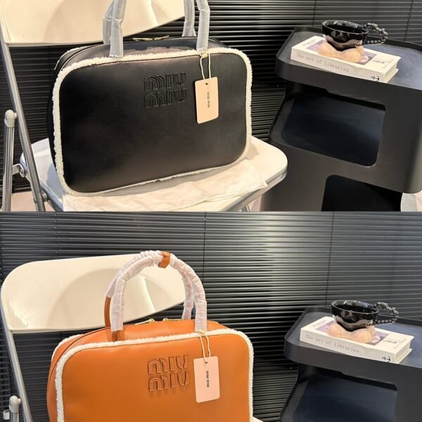 MIU Shearling-Trimmed Leather Tote Black/Orange Leather - Bag