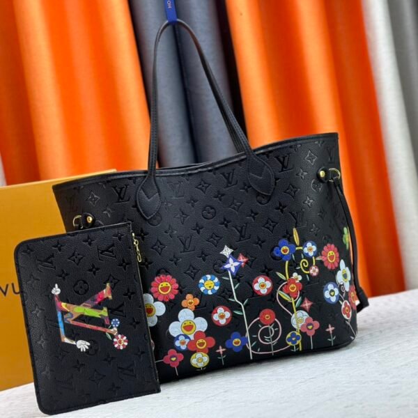 LV Neverfull MM World Tour MM Monogram Empreinte Black with Floral Print - Bag