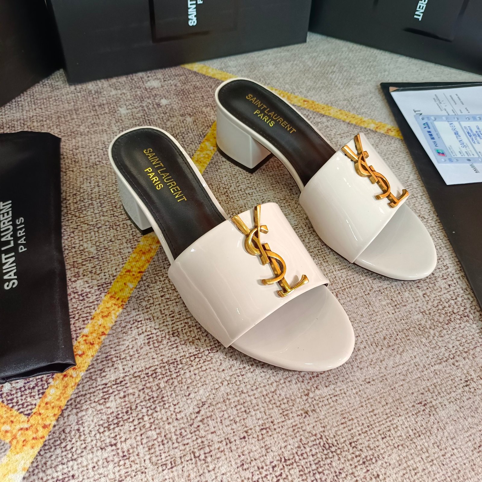 YSL Cassandra Patent Leather Mules White - Heels