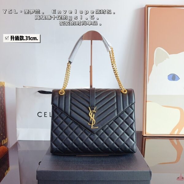 YSL Envelope Chain Bag 31cm Black Leather - Bag