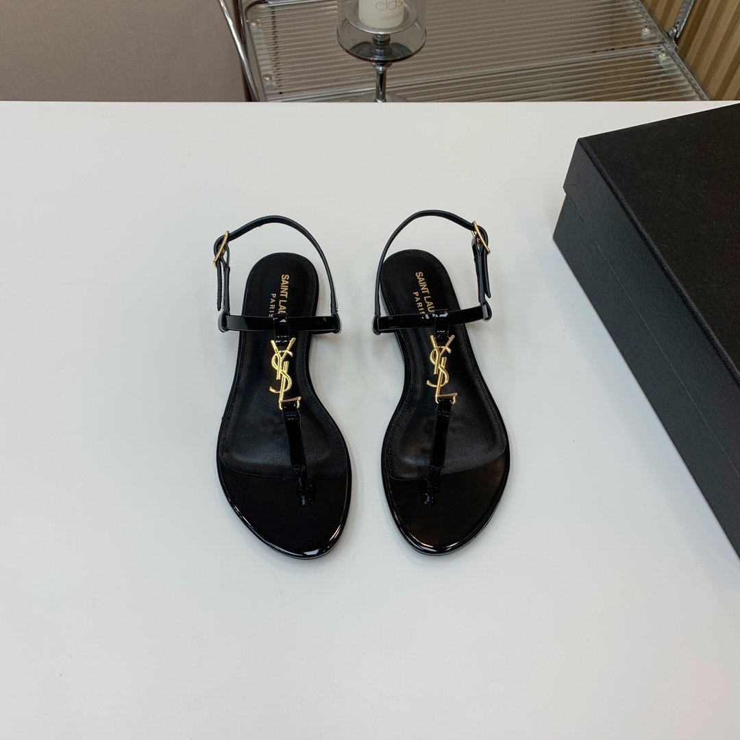 YSL Cassandra Flat Sandals Black Leather - Sandals