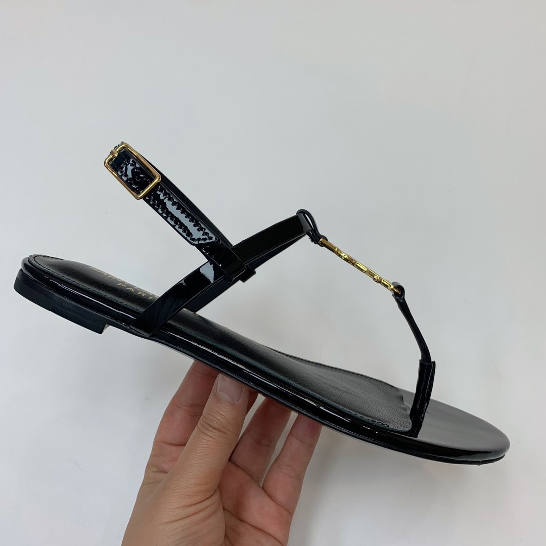 YSL Cassandra Flat Sandals Black Leather - Sandals - Image 4