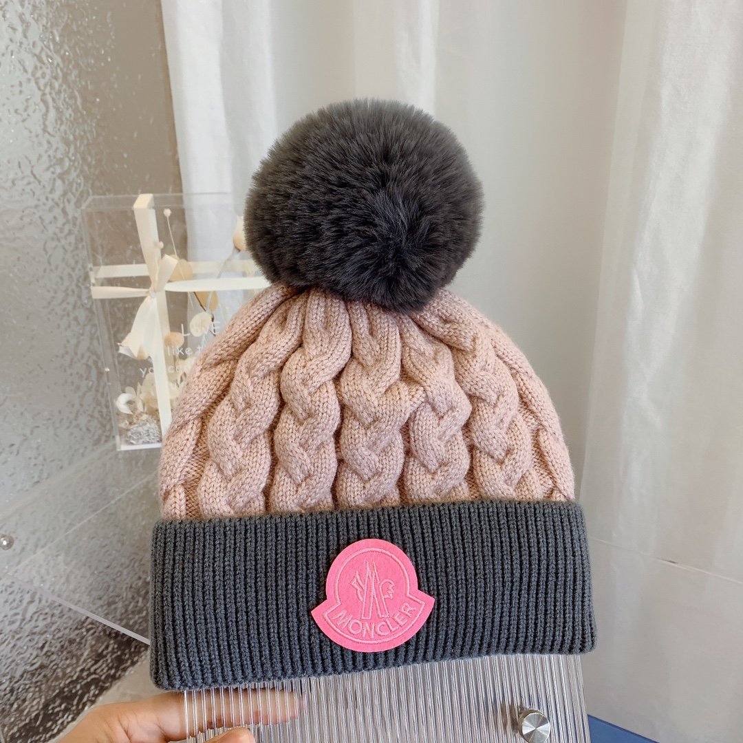 MCL Pom Pom Cable Knit Beanie Pink/Grey - Hat - Image 5