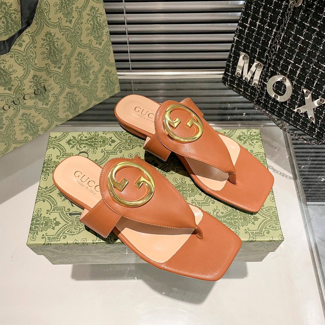 GG Marmont Thong Sandals Brown Leather - Sandals - Image 2