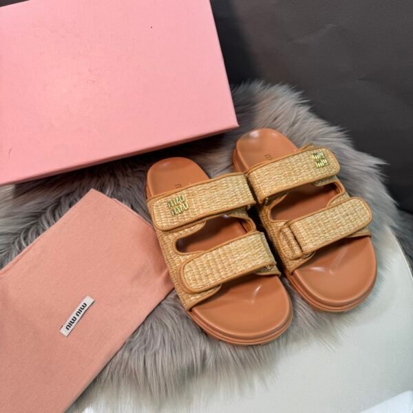 MIU Raffia Velcro Sandals - Slides