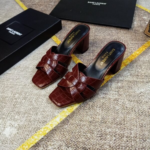 YSL Tribute Block Heel Sandals Croc-Embossed Leather - Heels
