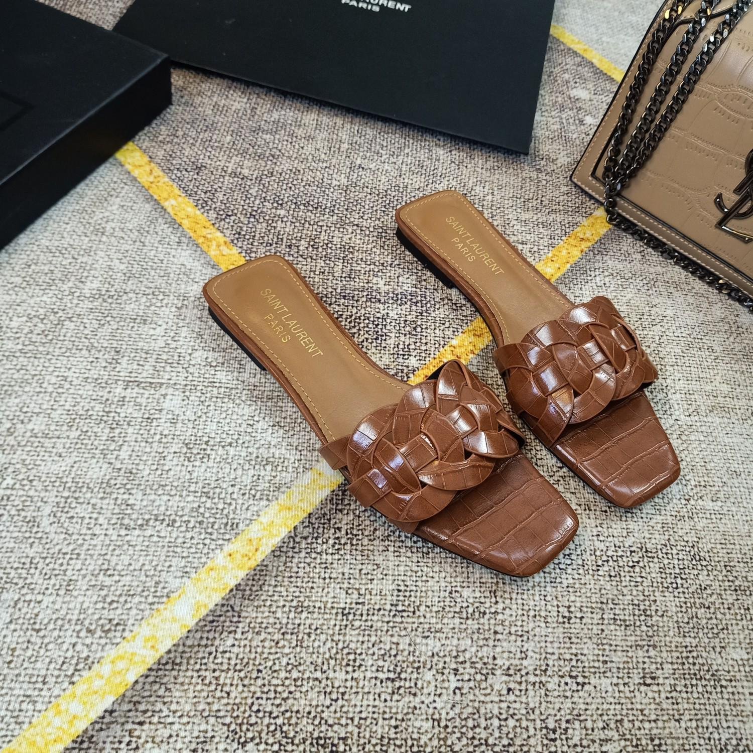 YSL Nu Pieds Tribute Brown Croc-Embossed Leather - Sandals - Image 3