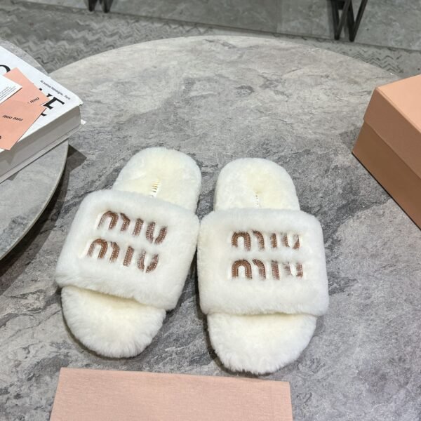 MIU Furry Logo Slides White Fur - Slides