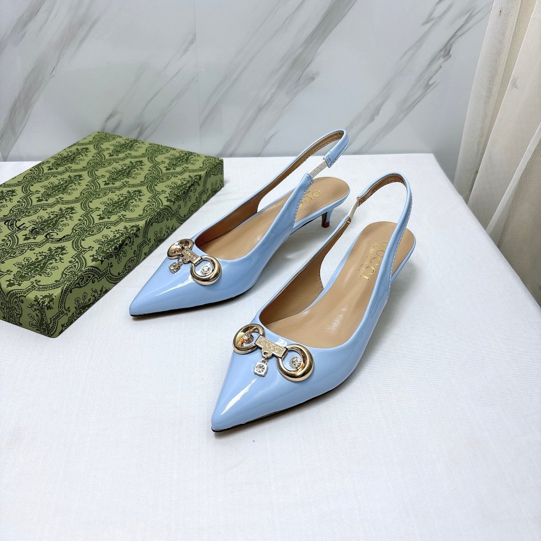 GG Horsebit Slingback Pumps Light Blue Patent Leather - Heels - Image 3