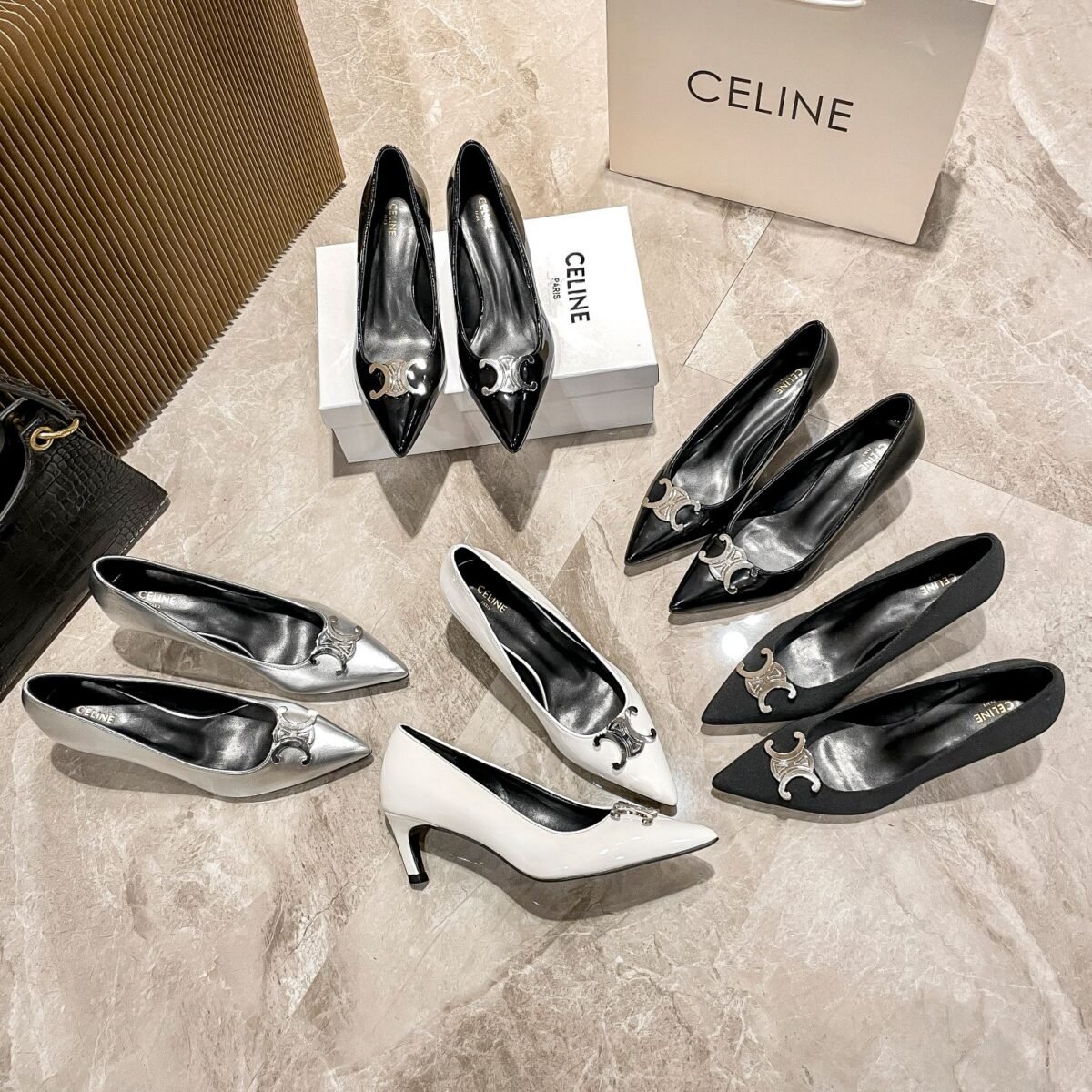 CEL Triomphe Heel Black/White Leather – Scarpe con tacco