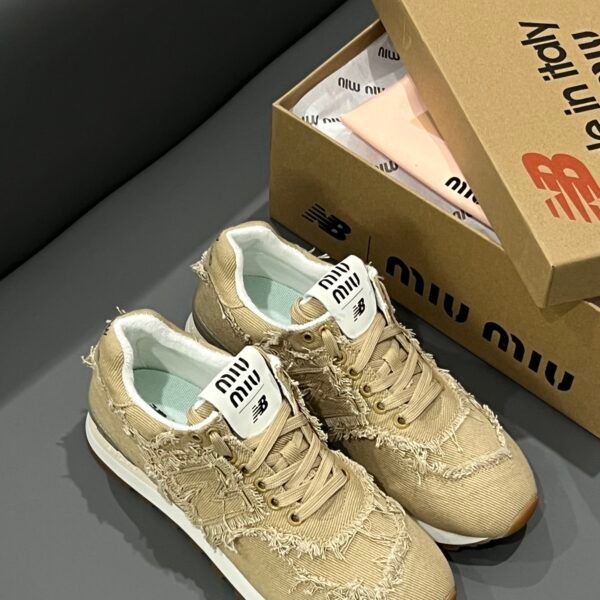 NB 574 x MIU Beige Distressed Canvas - Sneakers