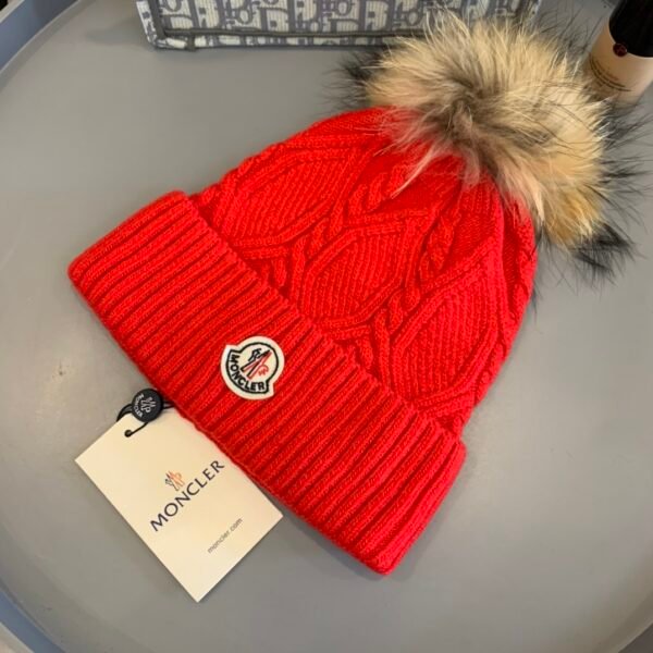 MCL Cable Knit Beanie with Fox Pom Red Wool - Hat