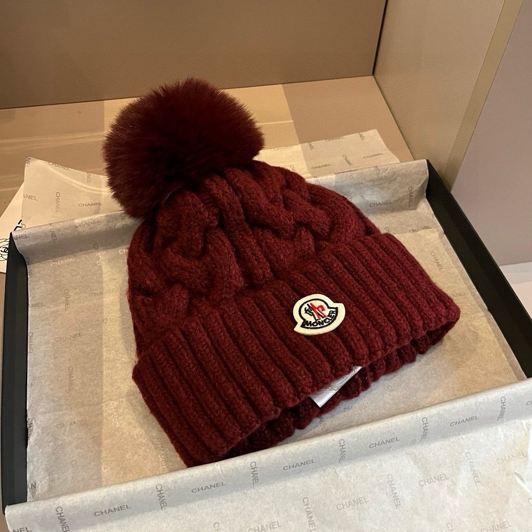 MCL Pom Pom Beanie Burgundy Knit - Hat - Image 4
