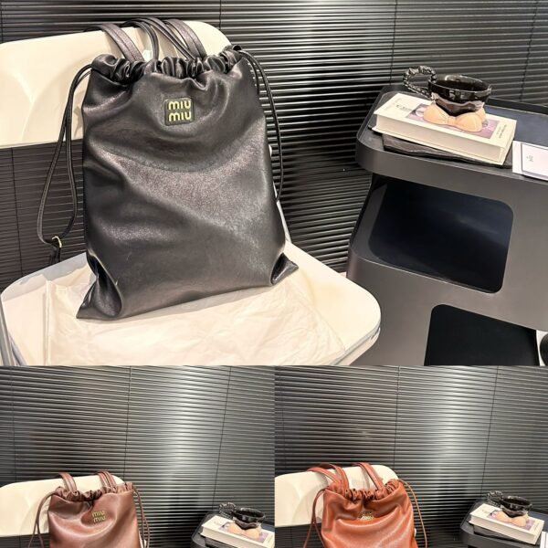 MIU Drawstring Shoulder Bag Black/Brown Leather - Bag