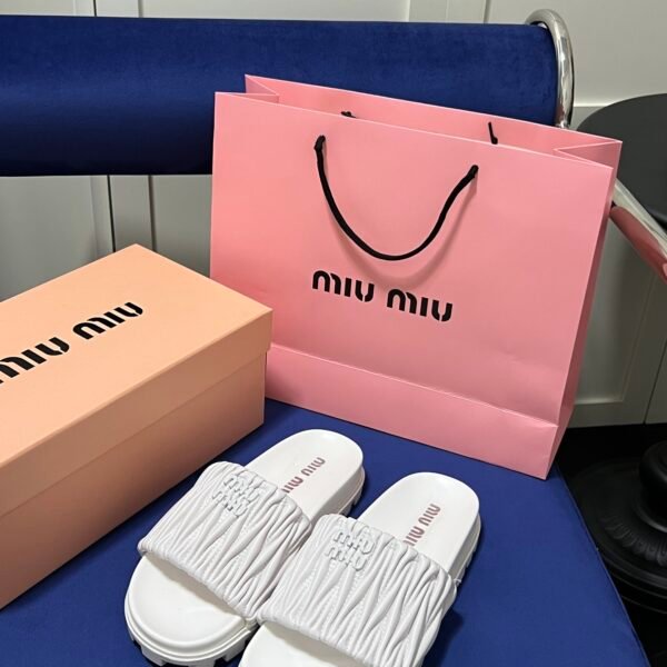 MIU Ruched Nappa Leather Slides - Slides