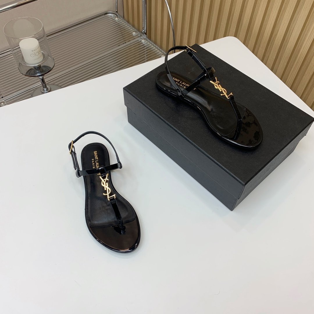 YSL Cassandra Flat Sandals Black Leather - Sandals - Image 7