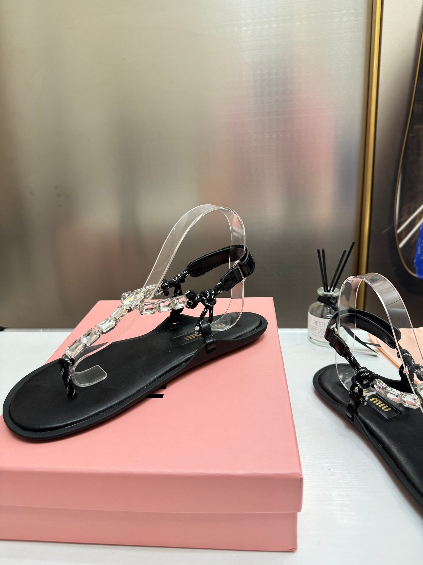 MIU Crystal Embellished Sandals Black Leather - Sandals - Image 4