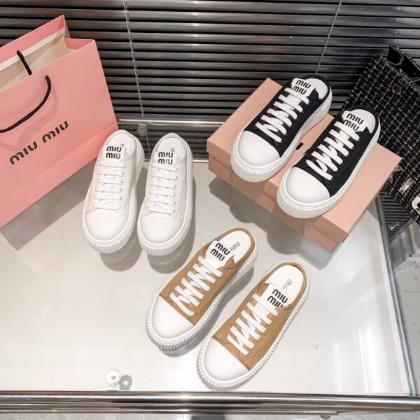 MIU Platform Sneakers White/Black/Brown Canvas - Sneakers