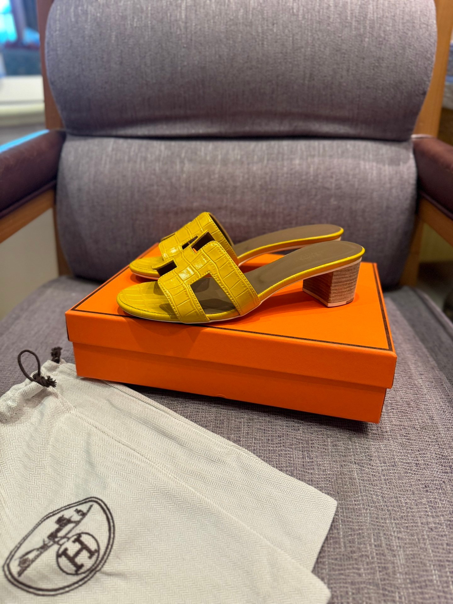 HM Oran Sandals Yellow Crocodile Embossed Leather - Sandals