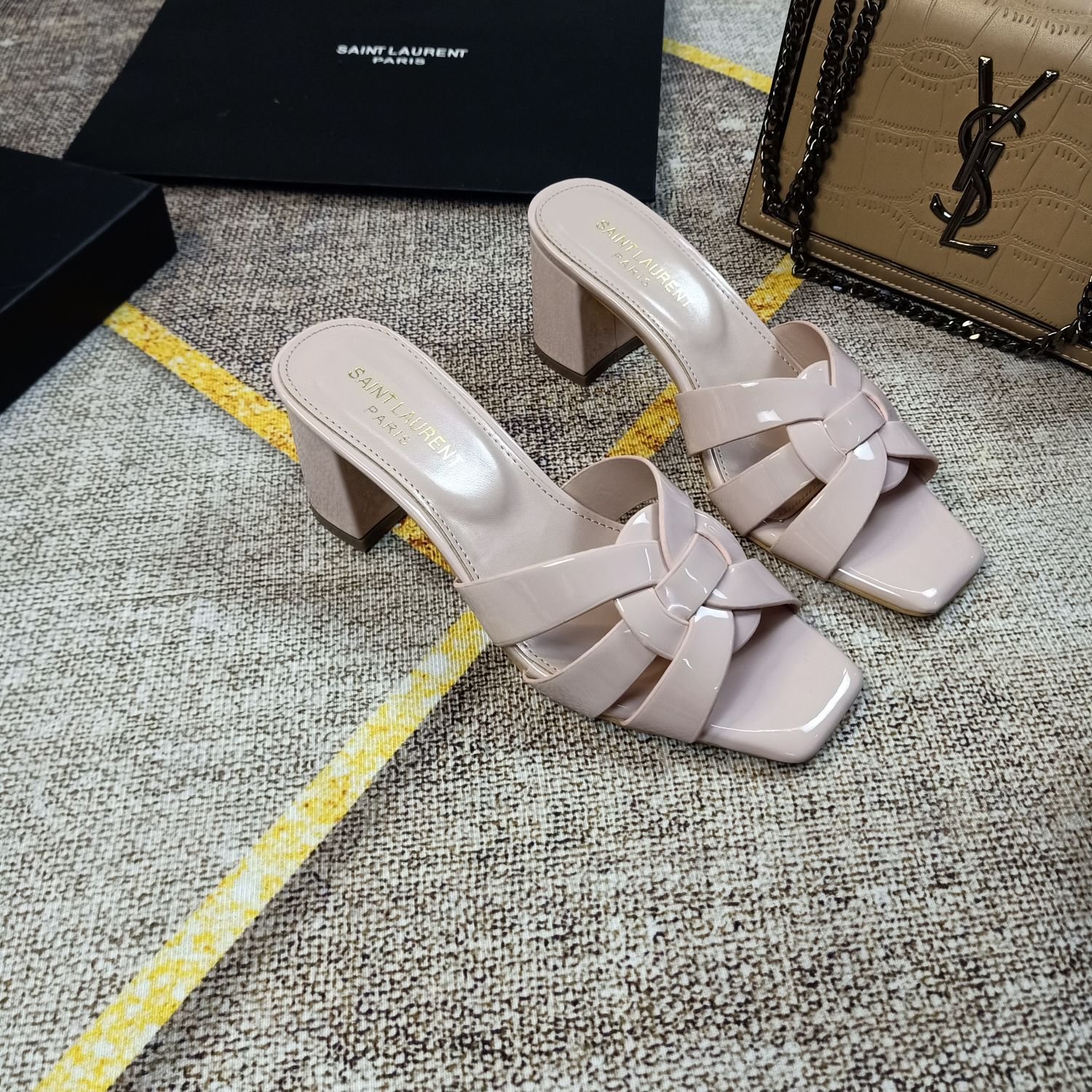 YSL Cassandra Block Heel Sandals Nude Patent Leather - Heels - Image 3