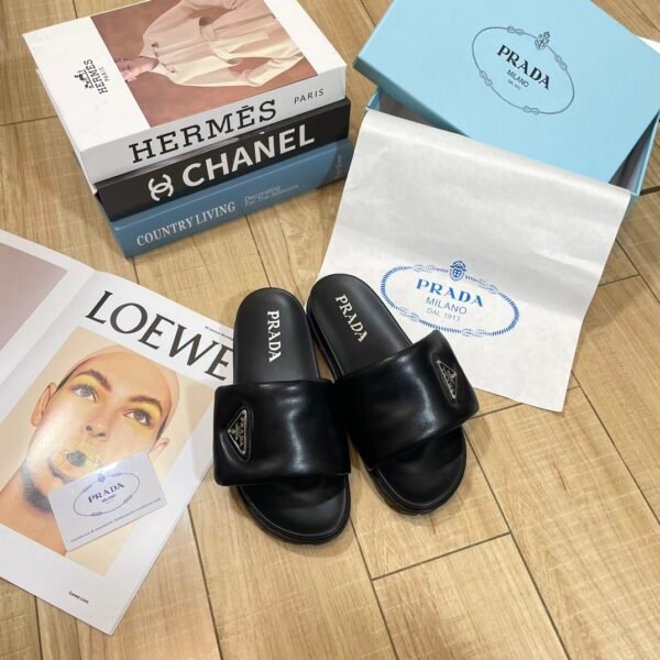 PR Triangle Logo Slides Black Leather - Slides