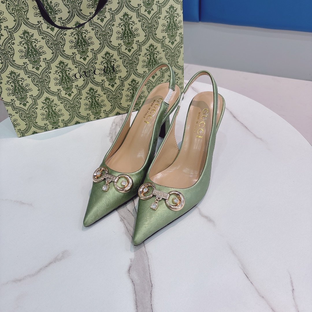GG Horsebit Slingback Pump Green Satin - Heels - Image 2