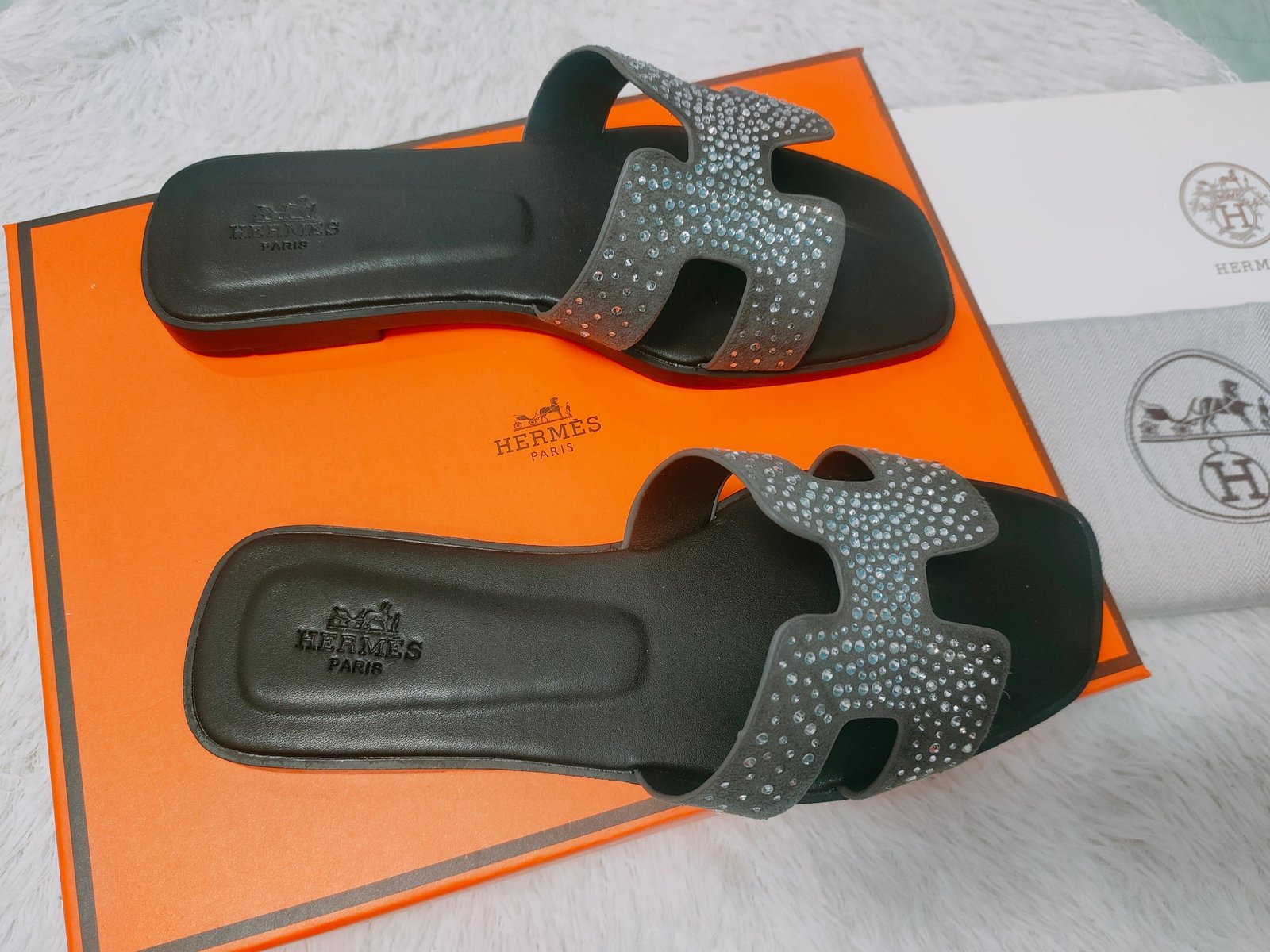 HM Oran Sandals Black Leather with Crystals - Slides - Image 4