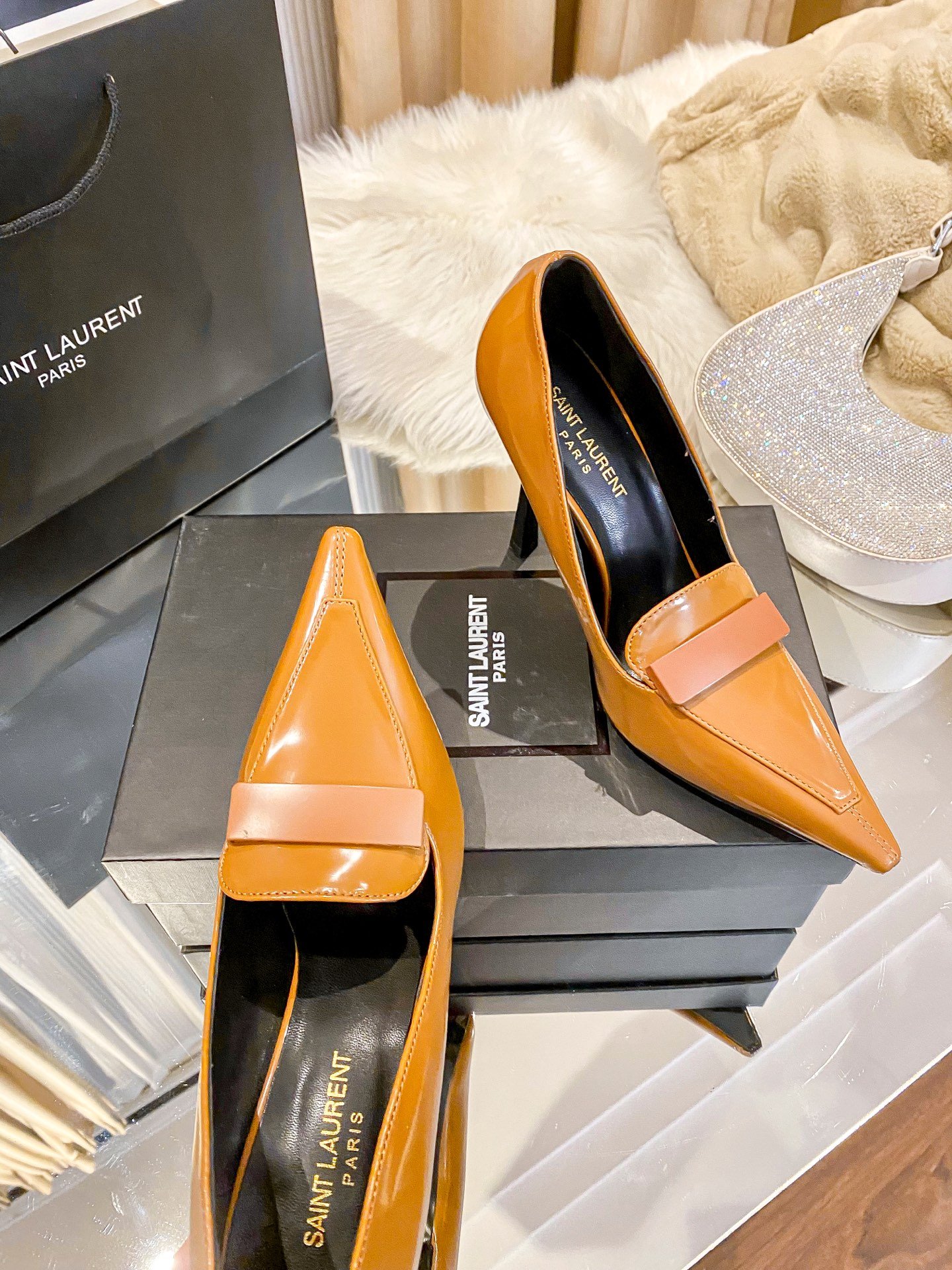 YSL New Retro Pointed Toe Pumps Tan Leather - Heels - Image 6