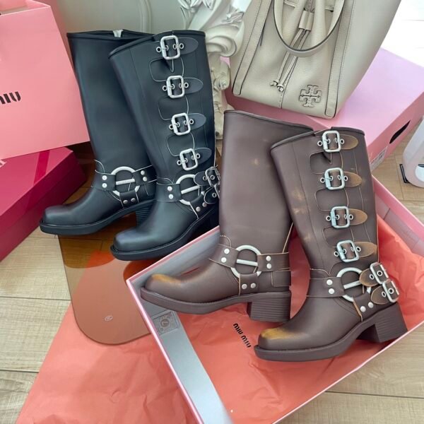 MIU Buckle Square Toe Boots Black and Brown Leather - Boots
