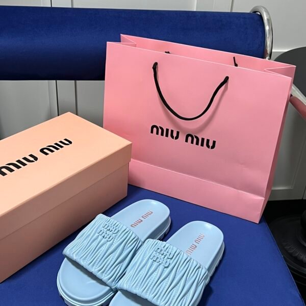 MIU Ruched Nappa Leather Slides - Slides