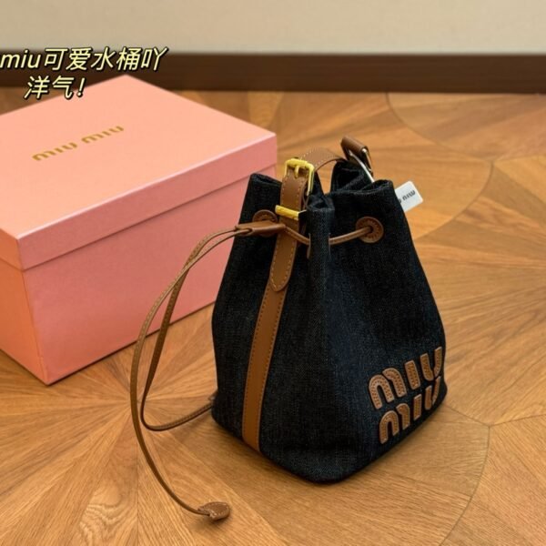 MIU Denim Logo Bucket Bag Denim/Brown Leather - Bag