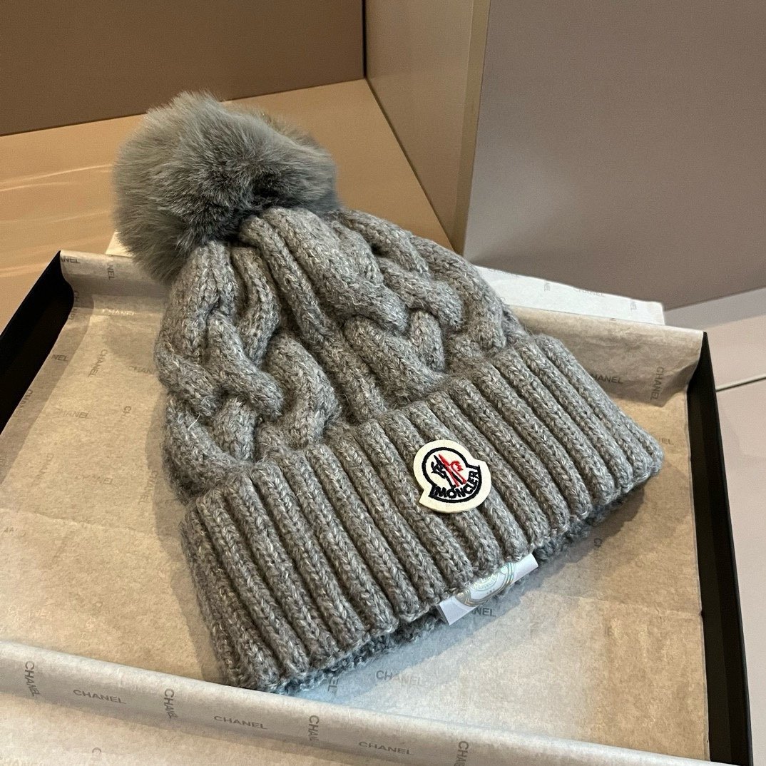 MCL Cable Knit Pom Pom Beanie Grey Wool - Hat - Image 3