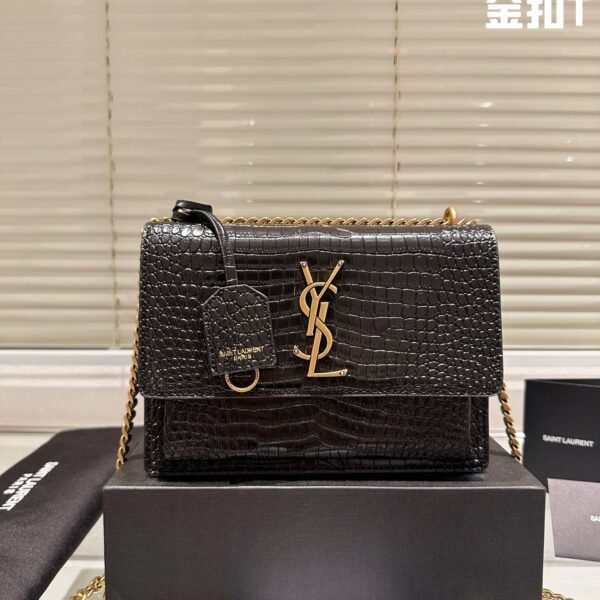 YSL Sunset Small Black Croc Embossed Leather - Bag