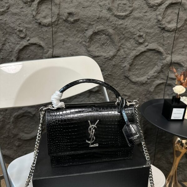 YSL Sunset Small Black Crocodile Embossed Leather - Bag