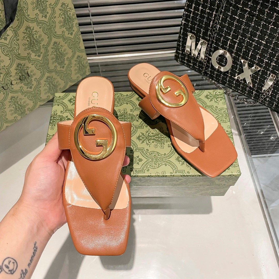 GG Marmont Thong Sandals Brown Leather - Sandals - Image 5