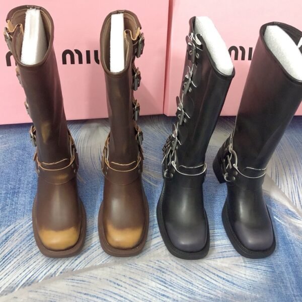 MIU Buckled Knee-High Boots Brown/Black Leather - Boots