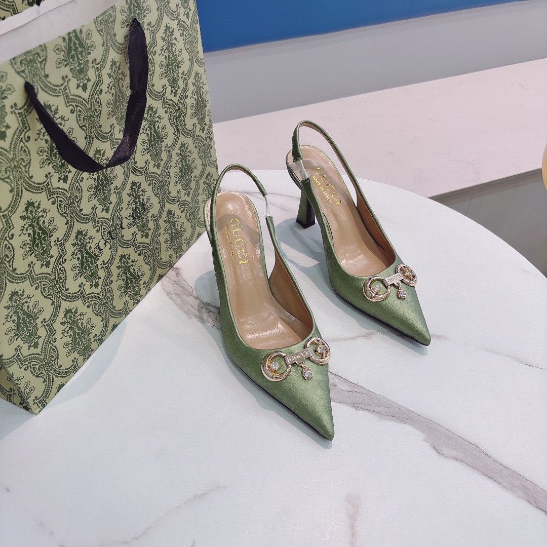 GG Horsebit Slingback Pump Green Satin - Heels - Image 8