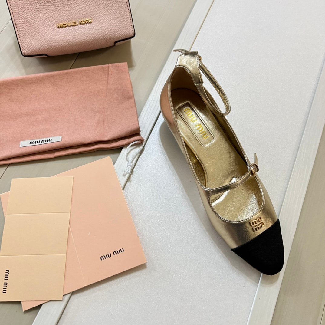 MIU Mary Jane Ballerina Gold/Black Leather - Shoes - Image 7
