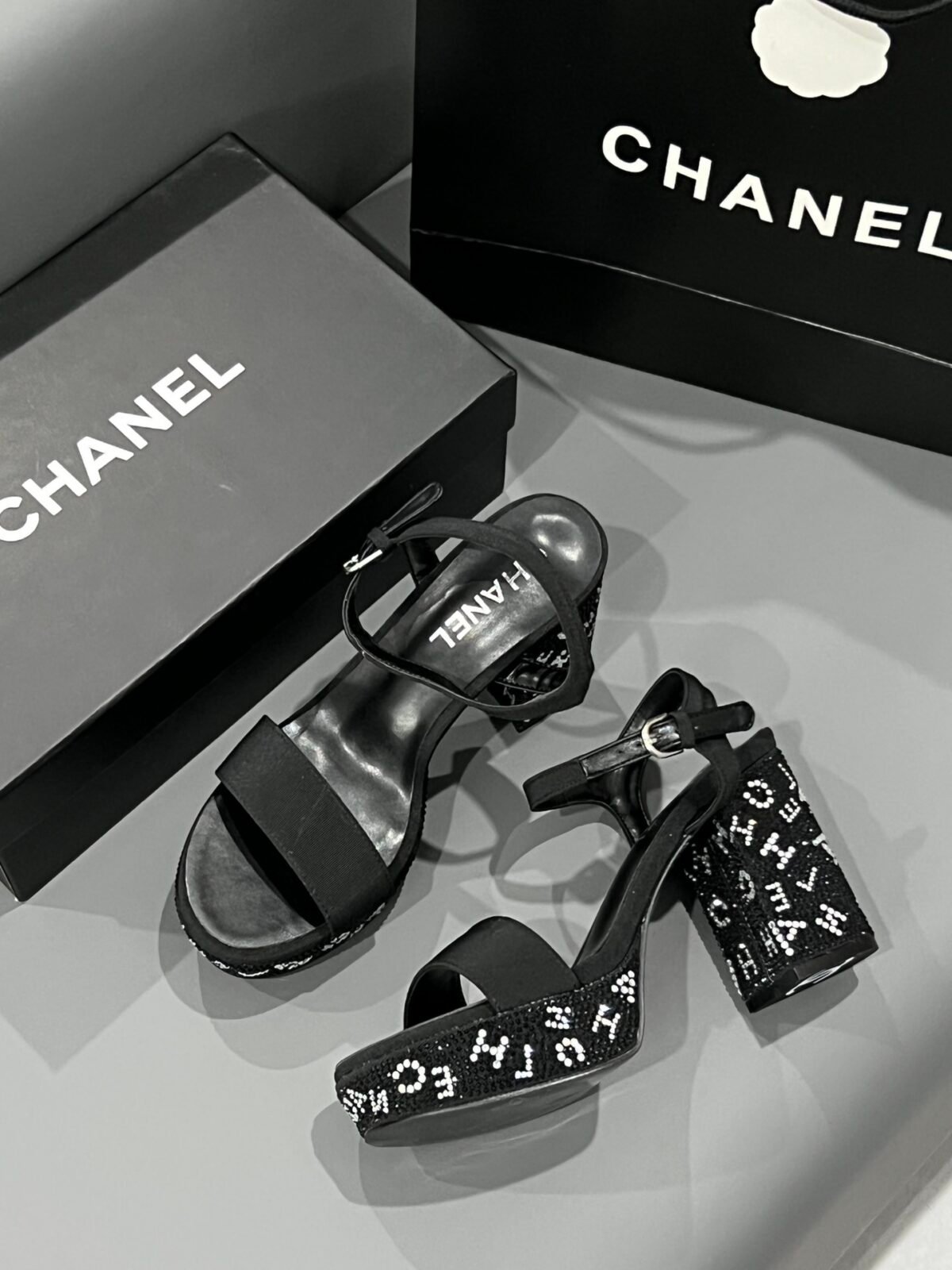 CC Rhinestone Logo Chunky Heel Sandals – Heels — 2