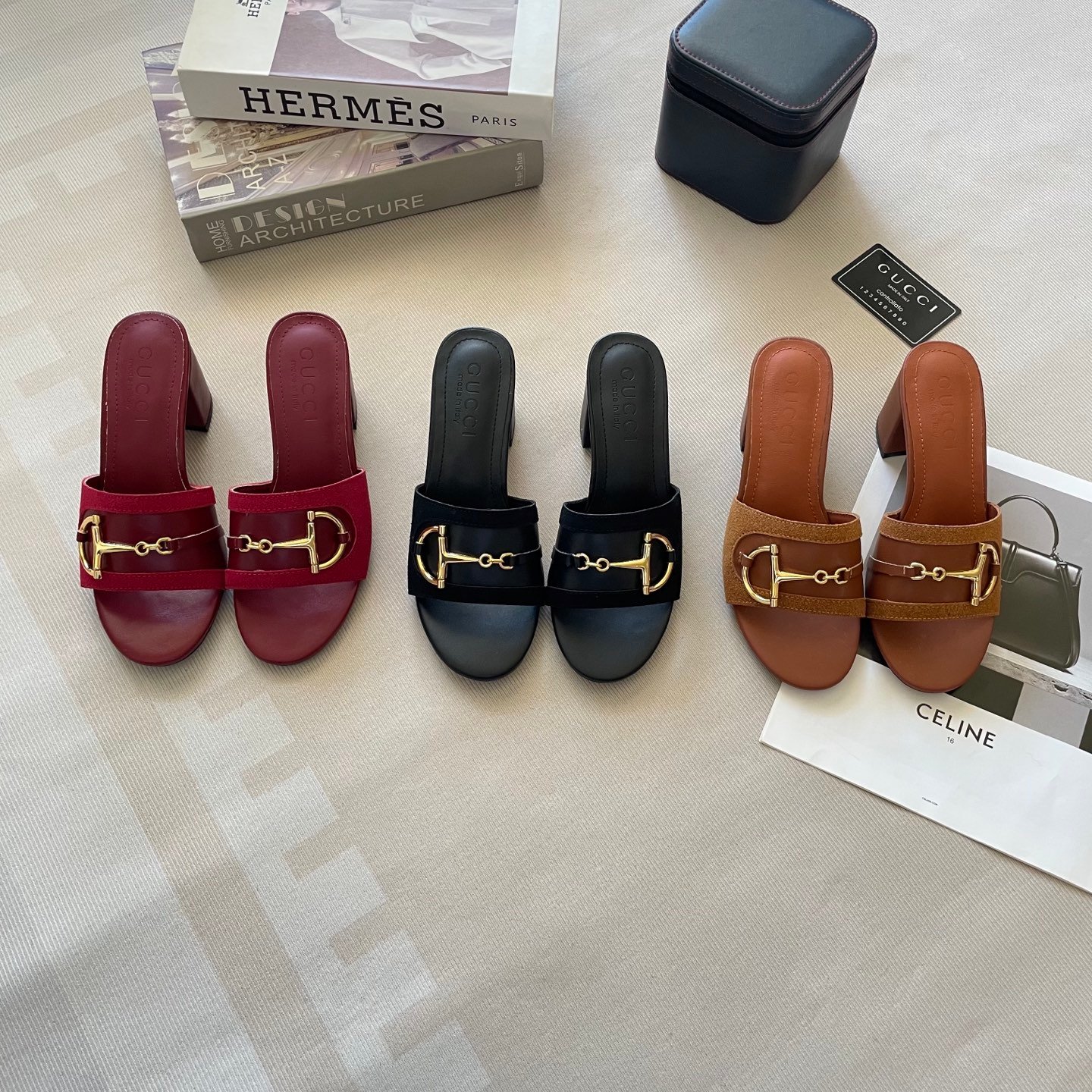 GG Horsebit Mid-Heel Slide Red, Black, Tan Leather - Heels - Image 2