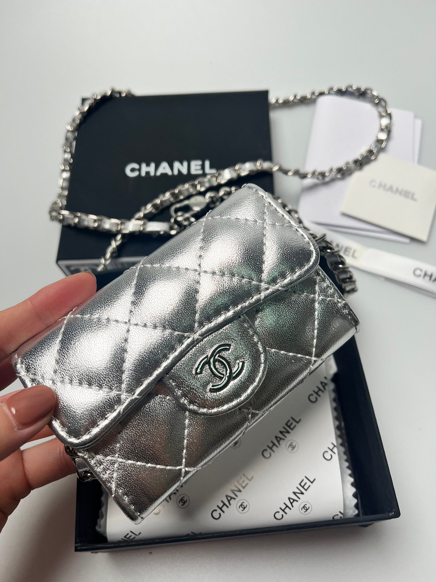 CC Mini Flap Bag Silver Quilted Leather - Bag - Image 3