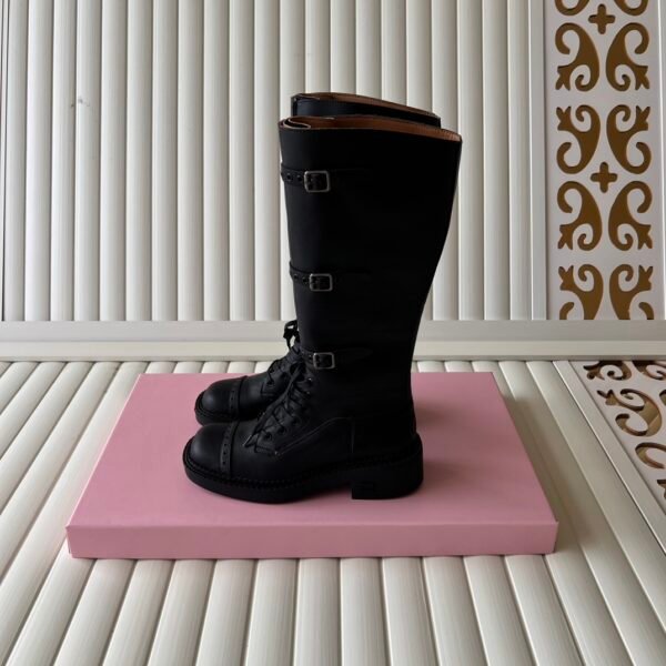 MIU Triple Buckle Knee-High Boots Black Leather - Boots