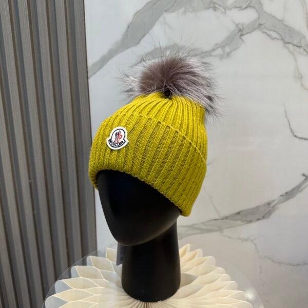 MCL Ribbed Wool Beanie with Fur Pom Pom Yellow - Hat