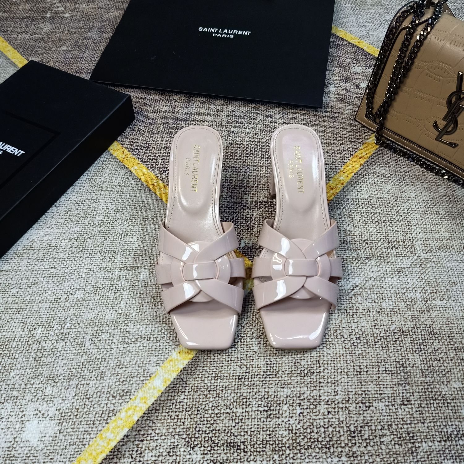 YSL Cassandra Block Heel Sandals Nude Patent Leather - Heels - Image 2